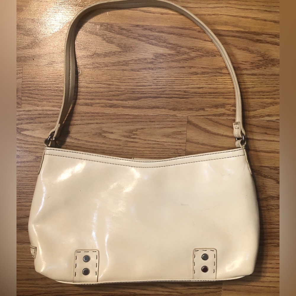 Nine West Vegan Faux Leather Handbag Purse Ivory & Brown Fabric Liner 6x12”